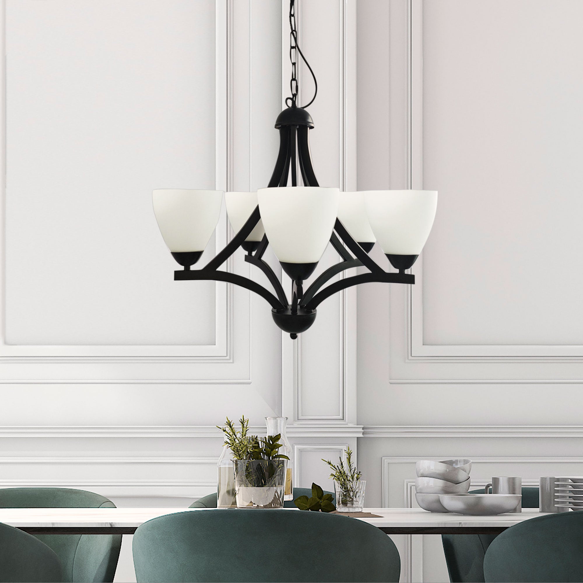 Roxby 5 Light Pendant Black & Opal - OL65825BK