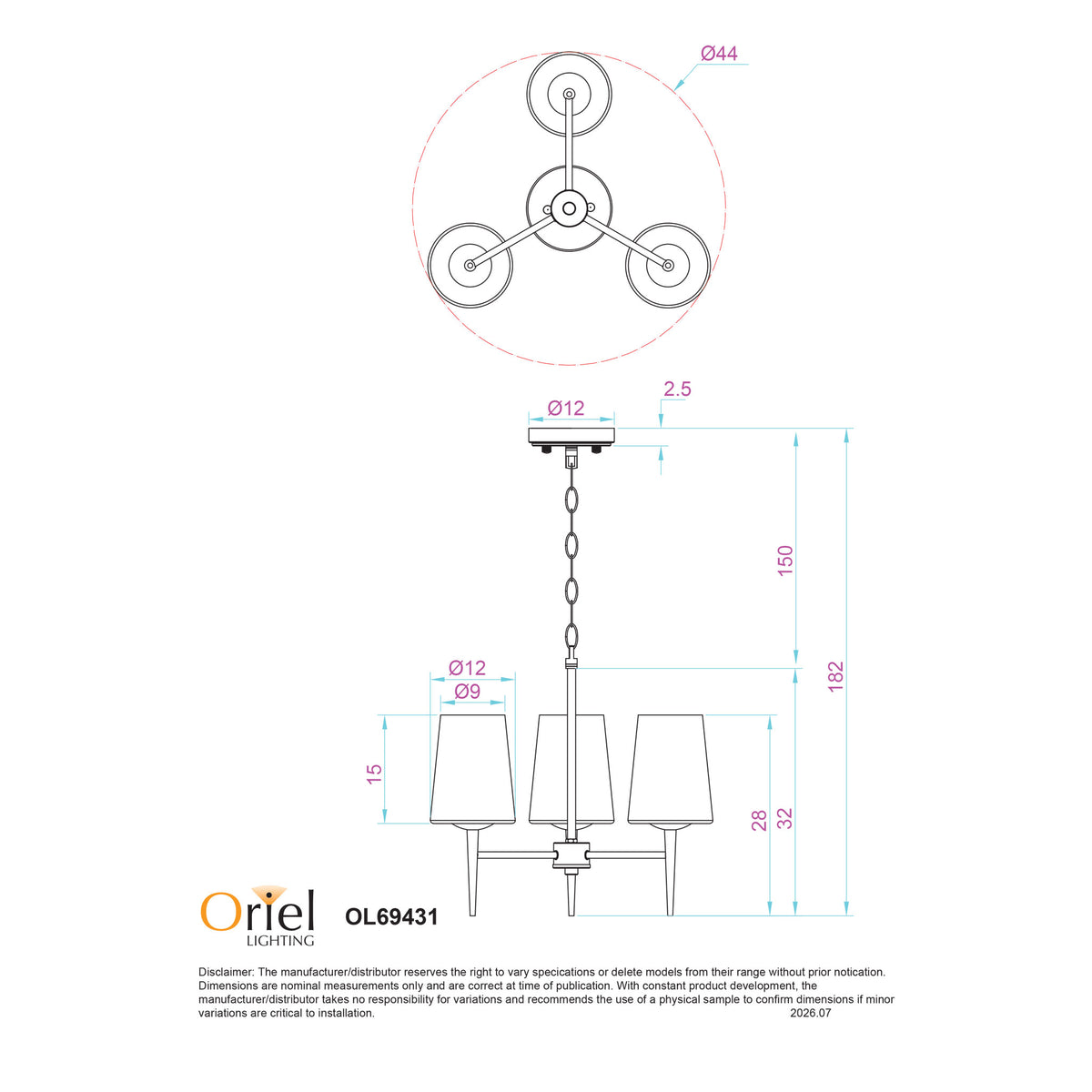 Foxdale 3 Light Pendant Light Satin Brass - OL69431/3SB