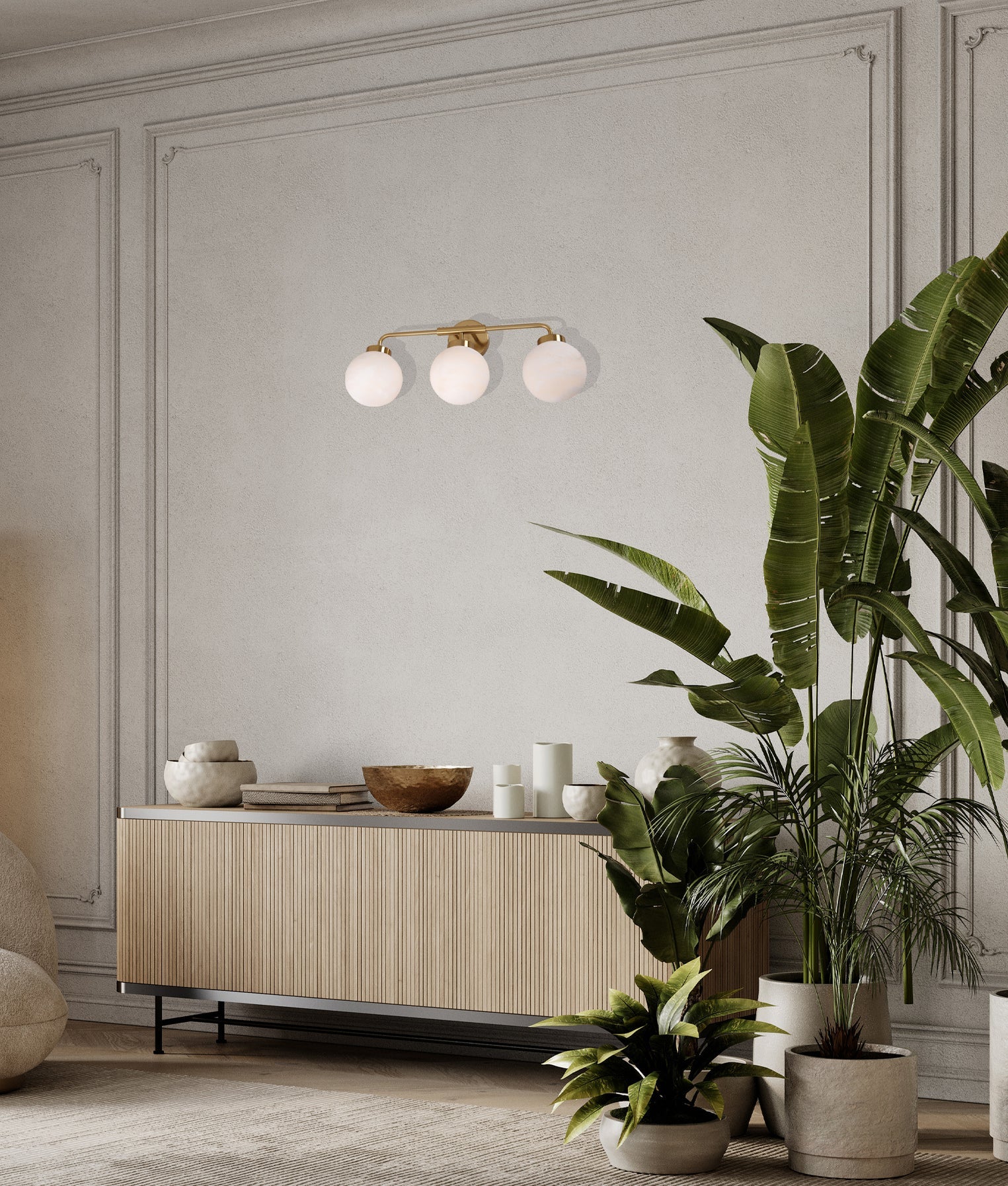 Palla Interior Triple Round Base Wall Light White & Brass - PALLA-W2