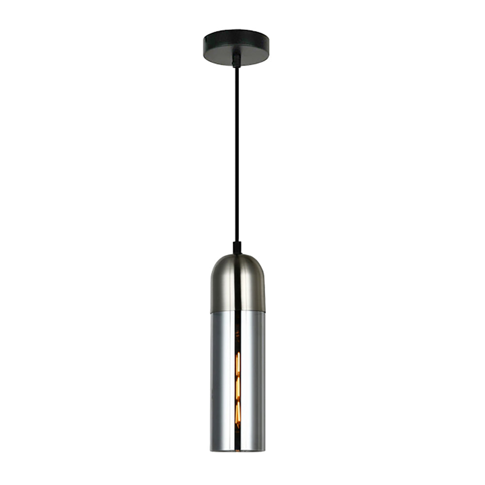 PASTILLE Round Top Cylinder 1 Light Pendant In Satin Chrome With Smoke Glass - PASTILLE1