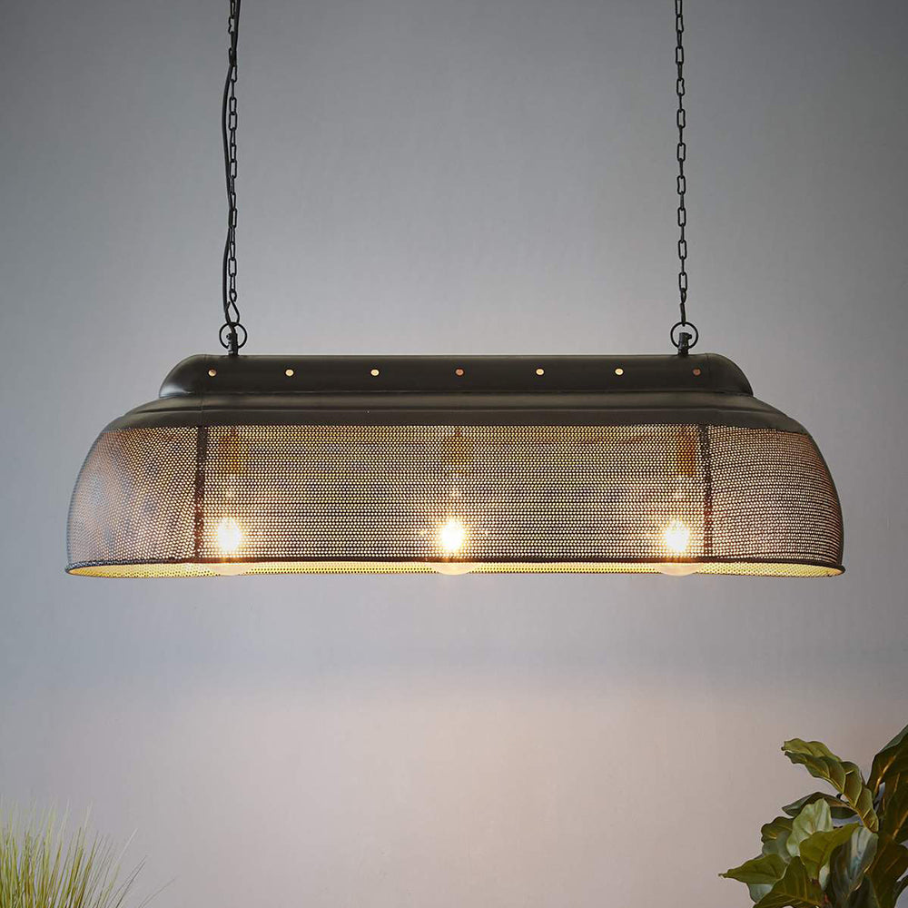 Buy Pendant Lights Australia Riva Long 3 Light Perforated Iron Elongated Pendant Matt Black/Gold - ZAF10503