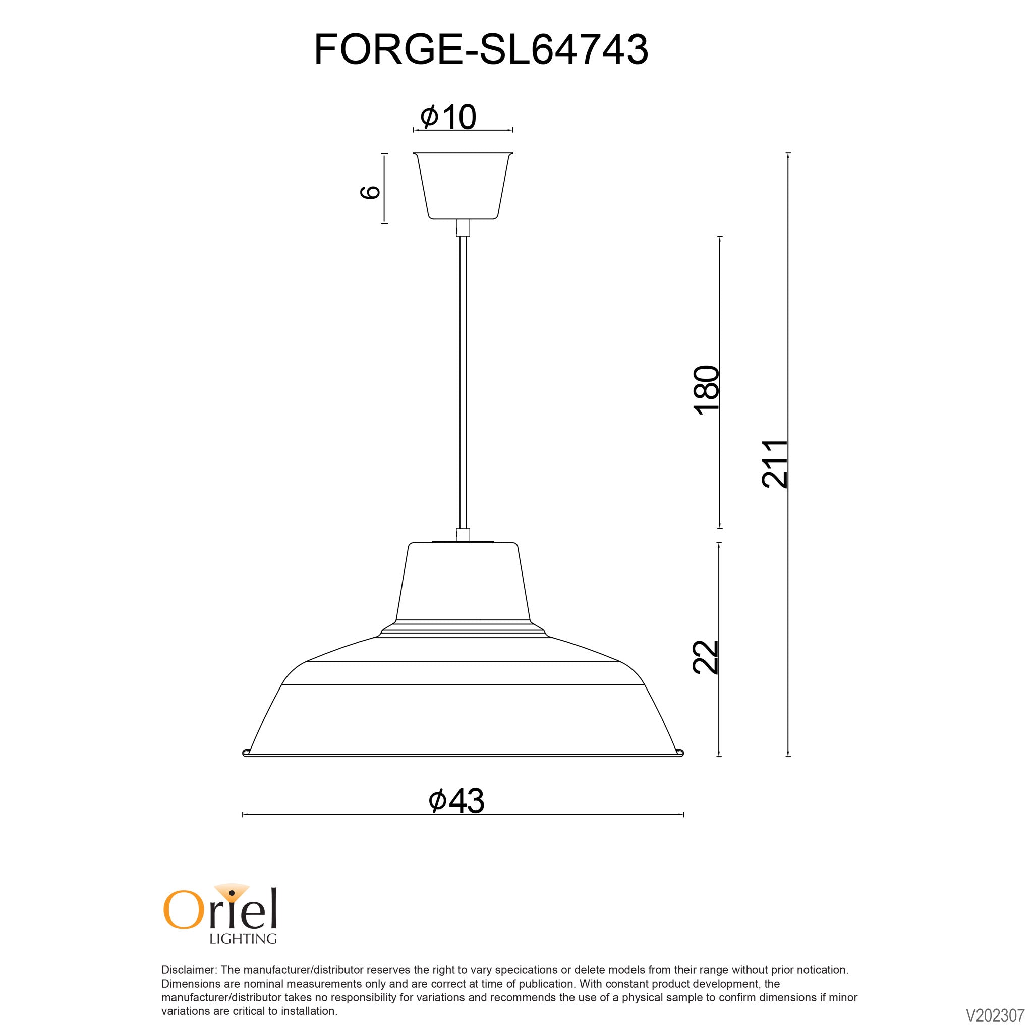 Forge 1 Light Single Pendant 430mm Black - SL64743BK