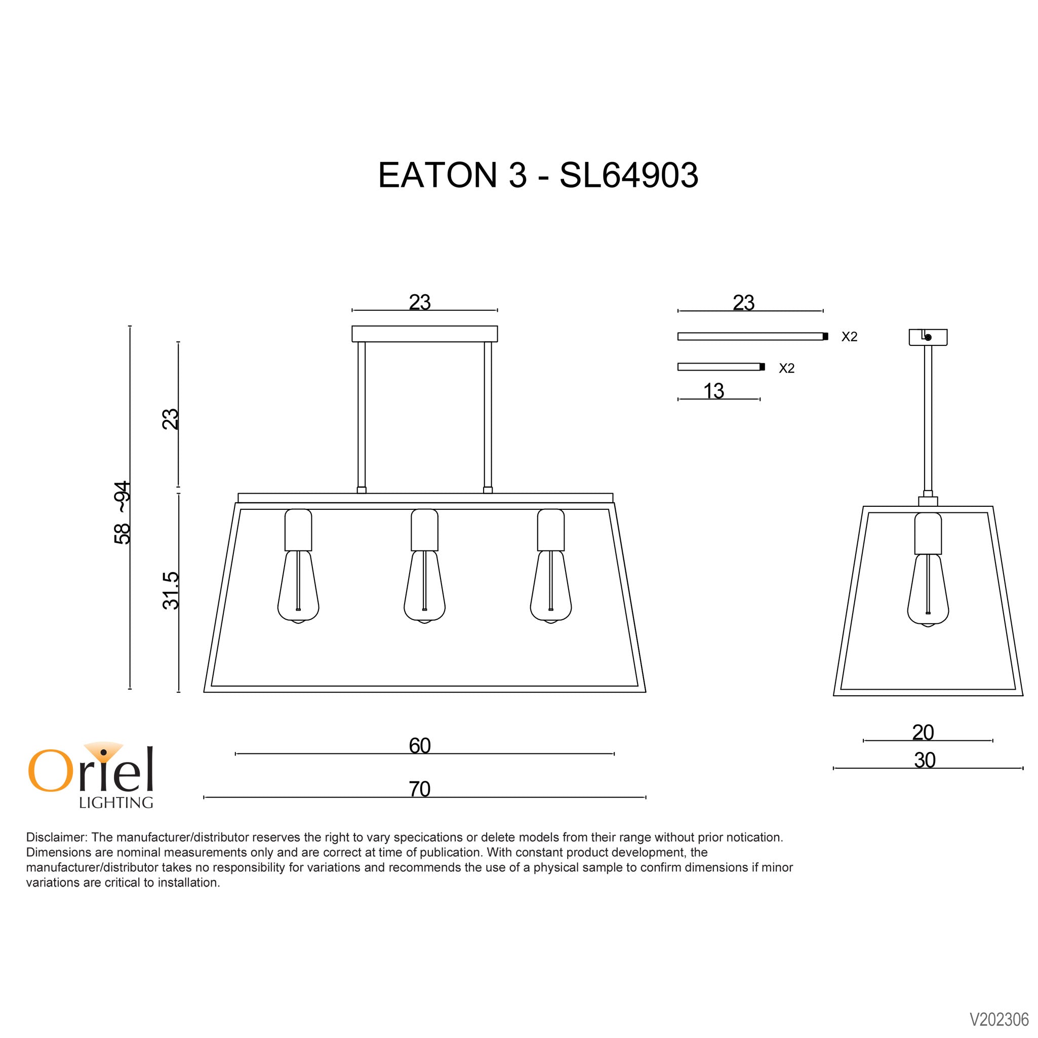 Eaton 3 Light Pendant Matt Black - SL64903BK