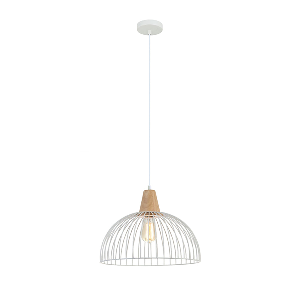 STRAND Iron And Wood Dome Cage 1 Light Pendant White - STRAND2