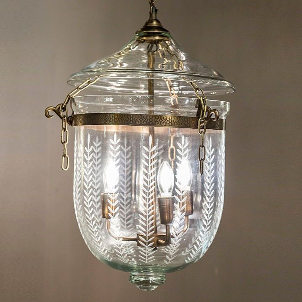 Bell Jar 3 Light Pendant Medium Brass & Leaf Cut Glass - ELKH307