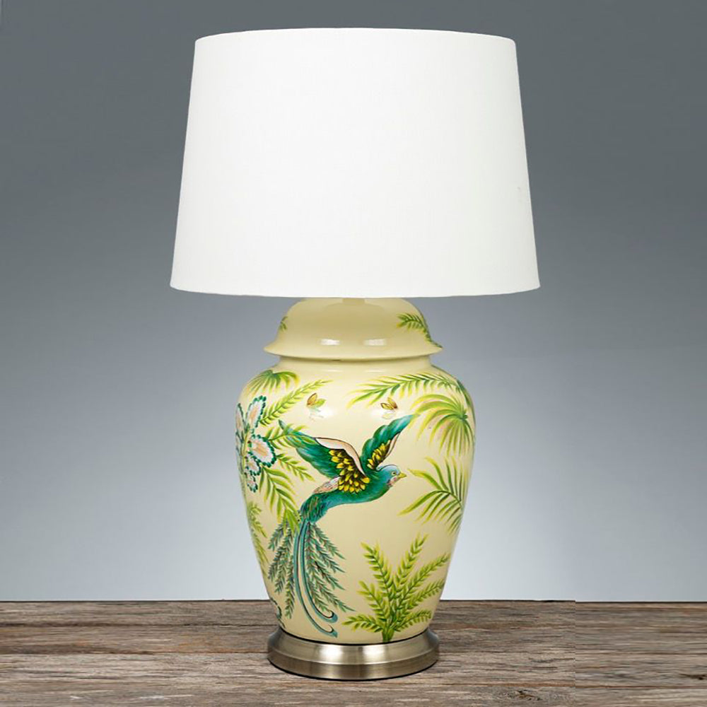 Caribbean Glazed Bird Painting Ceramic and Metal Urn Table Lamp Base Only- Green/Yellow - ELJC11094