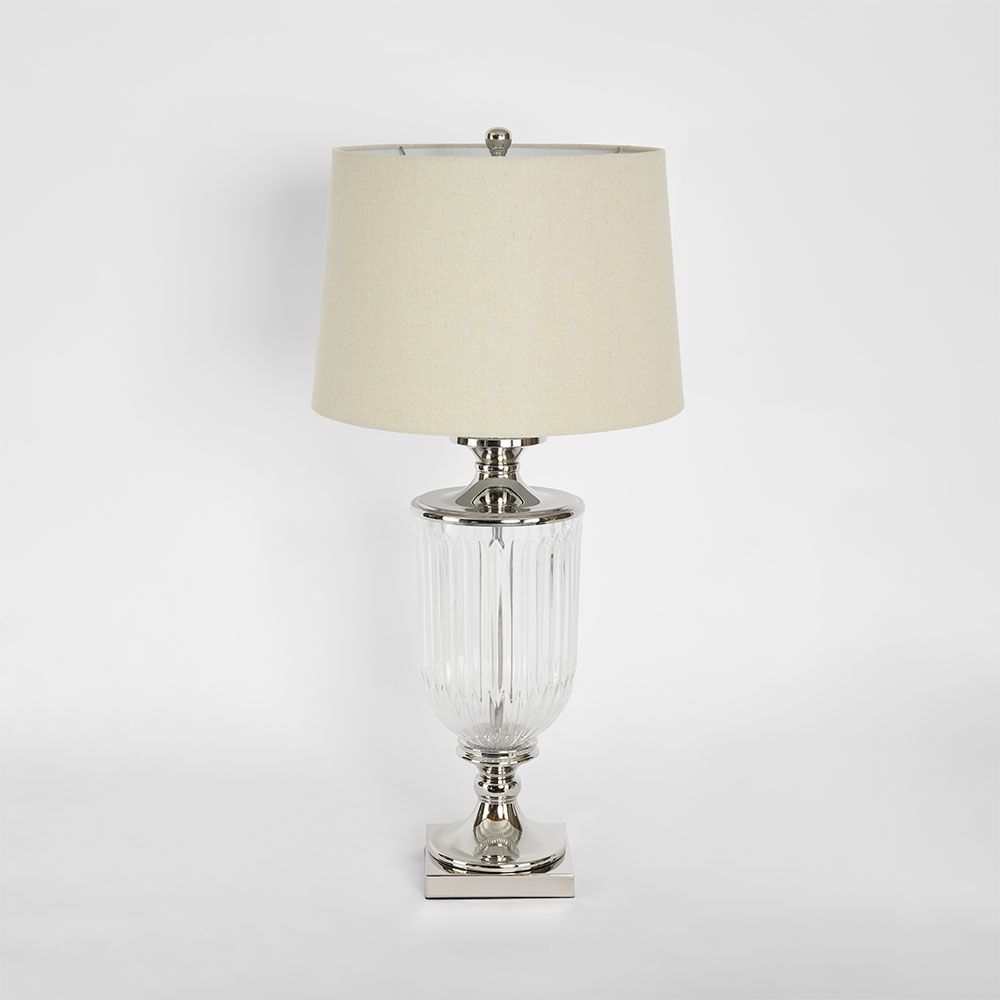 Bellevue Table Lamp Glass & Nickel Base With Natural Linen Shade - OWDU0003N