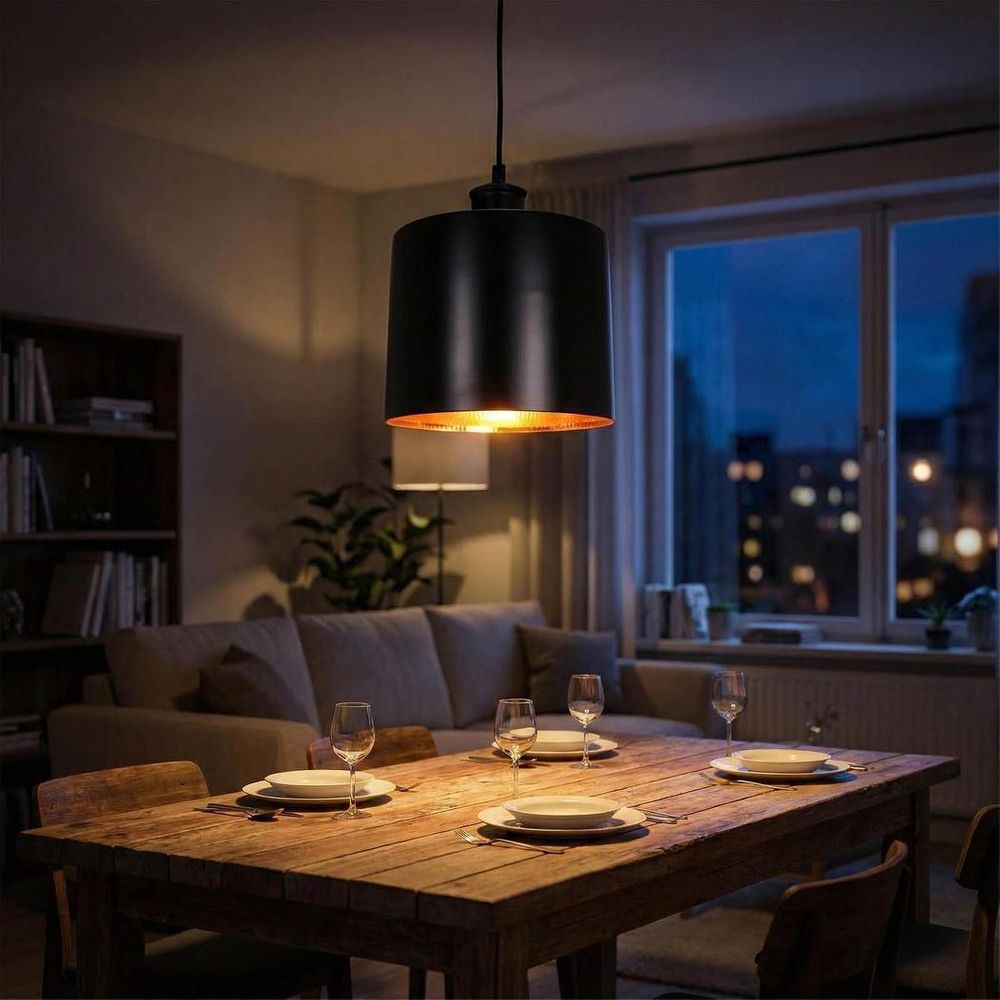 Portofino Large 1 Light Metal Drum Pendant Matt Black, Copper - ELPRFT34BLKCOP