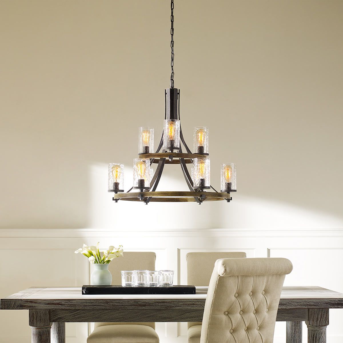 Angelo 9 Light Chandelier Distressed Weathered Oak & Slate Grey Metal - QN-ANGELO9