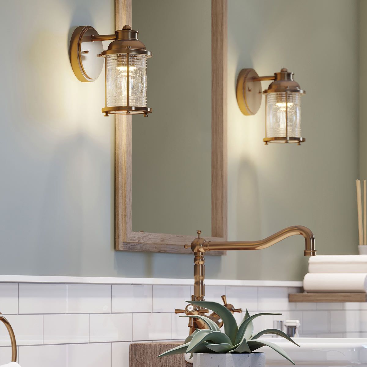 Ashland Bay Vanity Light Natural Brass & Clear - QN-ASHLANDBAY1-NBR-BATH