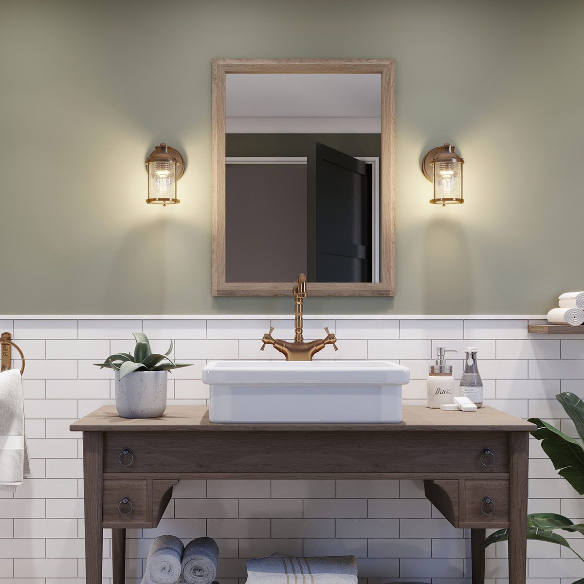 Ashland Bay Vanity Light Natural Brass & Clear - QN-ASHLANDBAY1-NBR-BATH