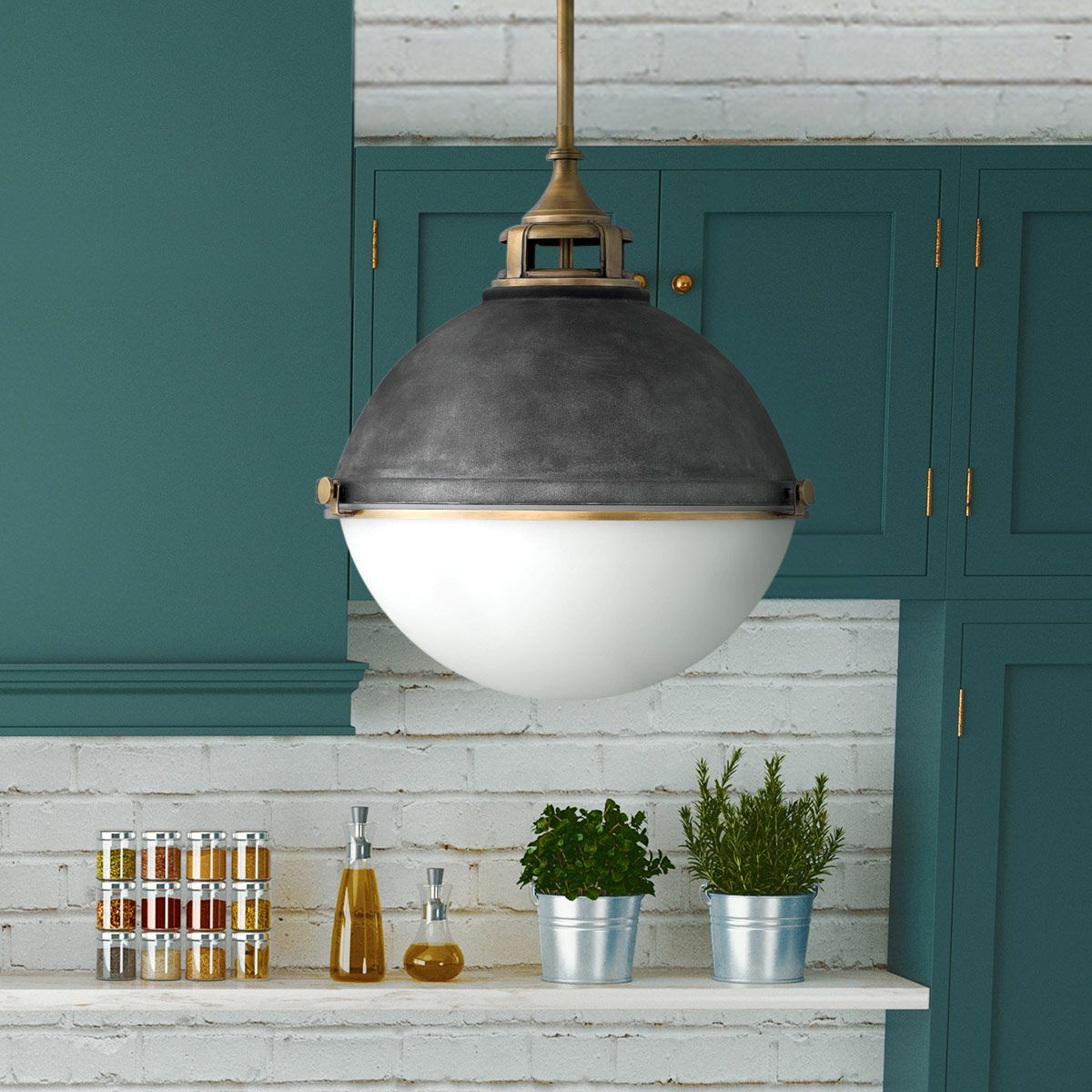 Fletcher 3 Light Pendant Aged Zinc & Heritage Brass - QN-FLETCHER-P-L-AZ