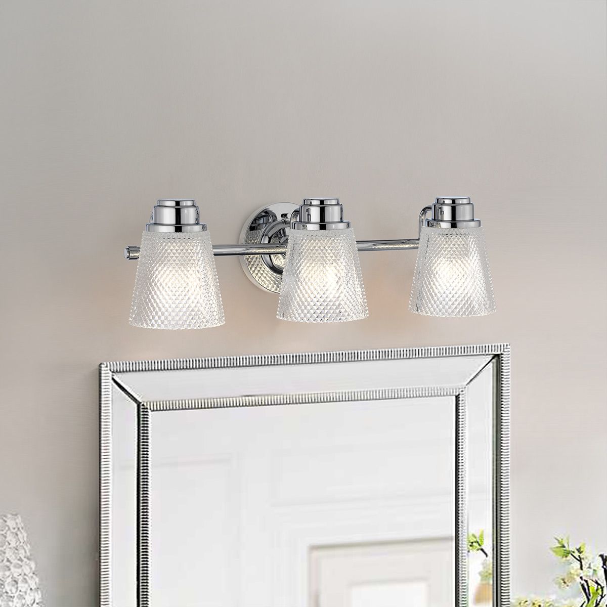 Hudson 3 Light Vanity Light Polished Chrome or Clear - QN-HUDSON3-BATH