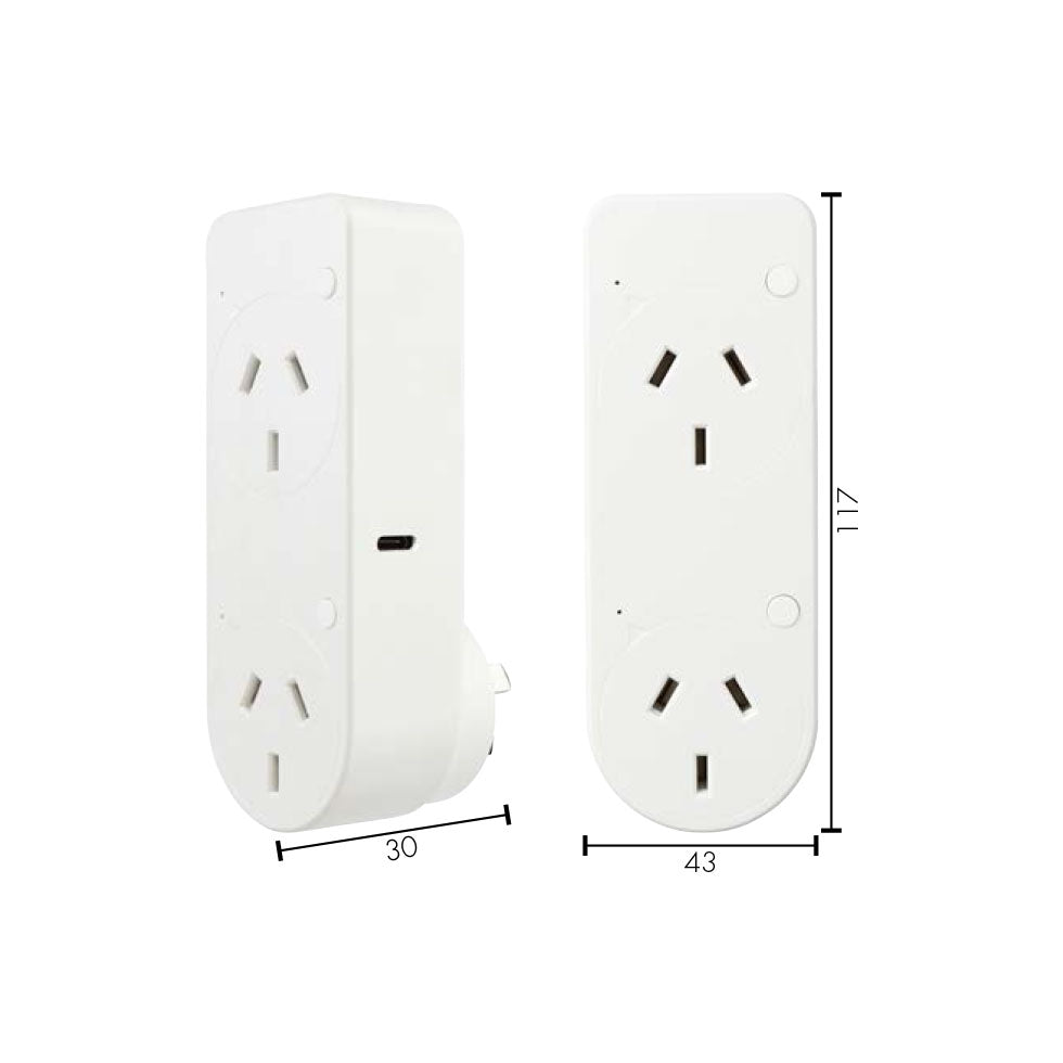 Buy Smart Switches & Plugs Australia Smart Wi-Fi Wall Plug 3-Pinx2 & 2xUSB Charger L117mm White Plastic - 21883/05