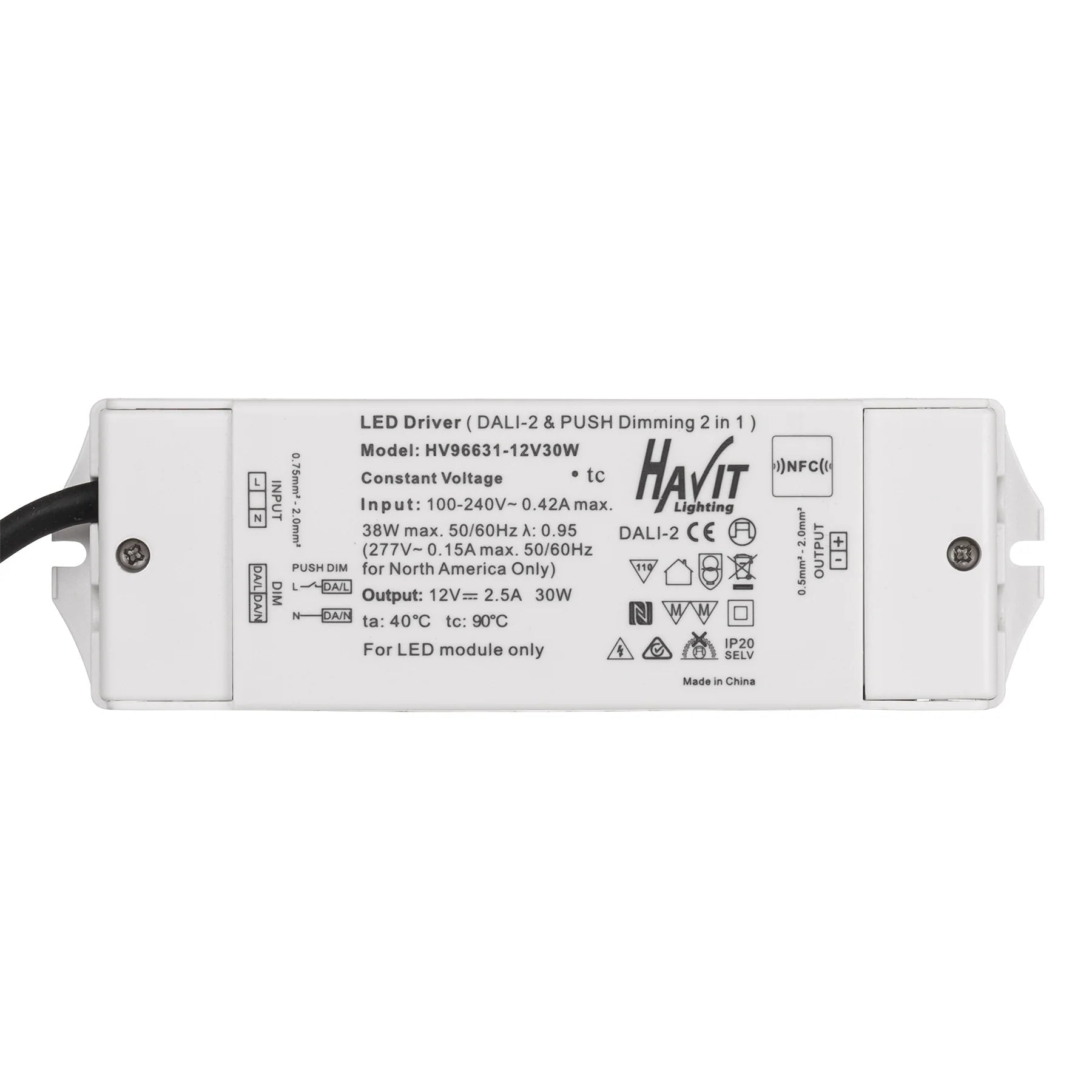 Triac Dimmable Indoor LED Driver 24V DC 30W White Plastic / Dali - HV96631-24V30W