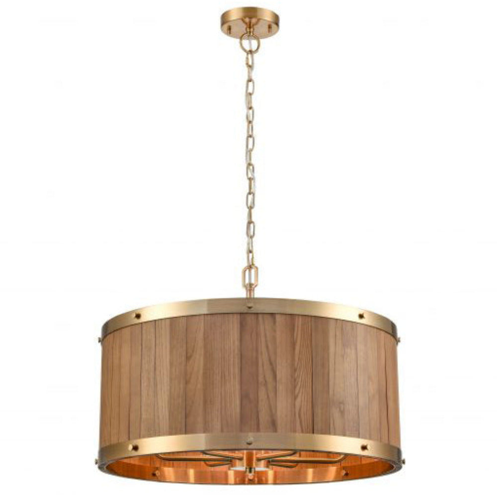 BARRIQUE Pendant 6 Lights Brass Oak Wood / Iron- BARRIQUE1