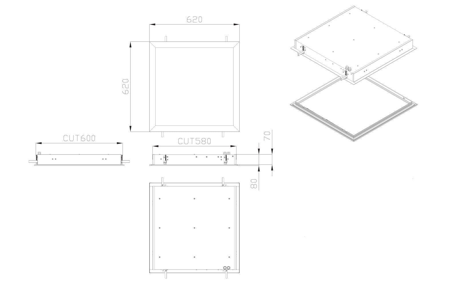 Square LED Panel Light W620mm 53W White Aluminium 4000K - S9794/606CW