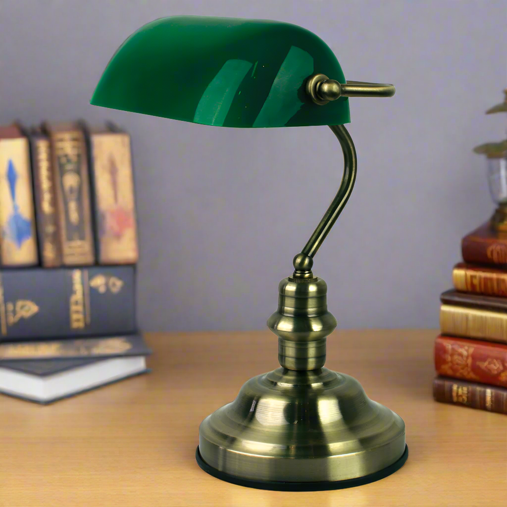 Buy Touch Lamps Australia Bankers 1 Light Table Lamp Touch Antique Brass & Green - OL99458AB