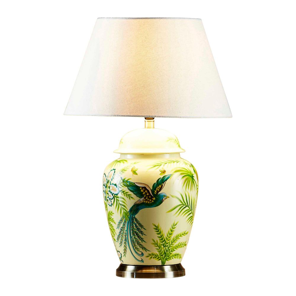 Caribbean Glazed Bird Painting Ceramic and Metal Urn Table Lamp Base Only- Green/Yellow - ELJC11094