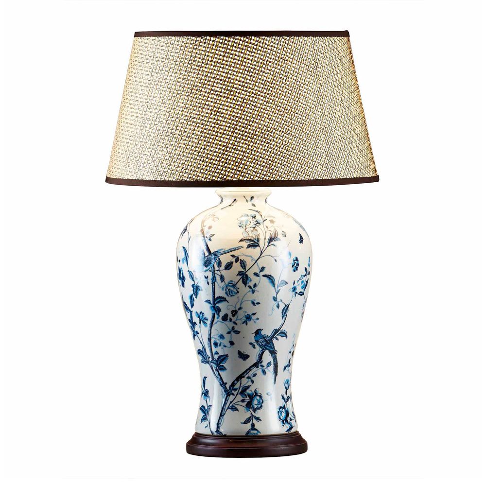 Ashleigh Glazed Floral Motif Ceramic and Wood Urn Table Lamp Base Only - Blue/White - ELJC11024